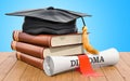 Education concept. Books with graduation cap and diploma on the