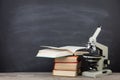 Education concept books on the desk in the auditorium Royalty Free Stock Photo