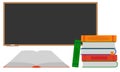 Education. A concept consisting of an open book, a stack of books, and a blackboard. Royalty Free Stock Photo