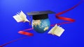 Education concept. 3d of The world wears a graduate hat Surrounded by books on blue background. Modern flat design isometric Royalty Free Stock Photo