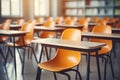 Education Concept: Empty Classroom with Tables and Chairs, Blurred Background. AI Royalty Free Stock Photo