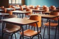 Education Concept: Empty Classroom with Tables and Chairs, Blurred Background. AI Royalty Free Stock Photo