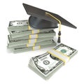 Education concept. Graduation cap on stack of dollar bills. 3D rendering