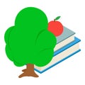 Education concept icon isometric vector. Red apple on stack of book green tree Royalty Free Stock Photo