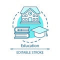 Education concept icon. Knowledge transfer. Teaching, learning skills. School building, books, graduation cap idea thin