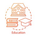 Education concept icon. Knowledge transfer. Teaching, learning skills. School building, books, graduation cap idea thin