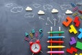 Education concept of Ladder made from pencils next to clouds over blackboard Royalty Free Stock Photo