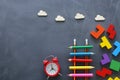 Education concept of Ladder made from pencils next to clouds over blackboard Royalty Free Stock Photo