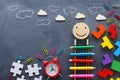 Education concept of Ladder made from pencils next to clouds over blackboard Royalty Free Stock Photo