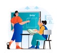 Education concept in modern flat design. Teacher explains lesson at blackboard, pupil pulls hand up. Student studies textbook