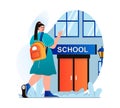 Education concept in modern flat design. Teenager pupil goes to school. Student stands in front of entrance to school building. Royalty Free Stock Photo