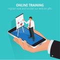 Education concept online training. Flat isometric design concepts for online education, online training courses, staff