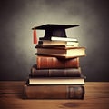 Education Concept,Pile of books with a square graduation hat at the top,AI generated Royalty Free Stock Photo