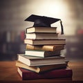 Education Concept,Pile of books with a square graduation hat at the top,AI generated Royalty Free Stock Photo