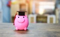 Education concept and scholarships with graduation cap in pink piggy bank on wooden table Royalty Free Stock Photo