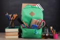 Education concept - school backpack with books and other supplies, blackboard background Royalty Free Stock Photo