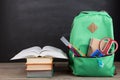 Education concept - school backpack with books and other supplies, blackboard background