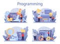 IT education concept set. Student write software and create code Royalty Free Stock Photo