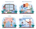 IT education concept set. Students learn programming, write software Royalty Free Stock Photo
