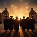 Education concept Silhouettes of graduates in a rear perspective view