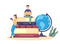 Education concept, student sitting in pile on book and globe