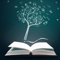 Education concept, studying, knowladge. Open book with pencil tree and hand drawn school doodle icons. Learning symbol. Royalty Free Stock Photo