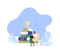 Education concept. Vector flat people illustration. Smiling woman sitting with laptop with pile of book and ladder of success