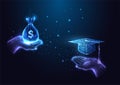 Education cost, college loan concept. Futuristic hands holding graduate cap and money bag on blue