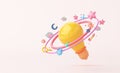 Education or creative kids light bulb space saturn ring orbit connected world technology pink pastel. Globalization internet.