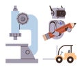 Science, Robotics, and Industrial Microscope, Robot Holding Pencil, and Forklift Royalty Free Stock Photo