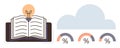 Knowledge and Data Concept Open Book with Light Bulb and Cloud Analytics Elements Royalty Free Stock Photo
