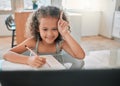 Education, distance learning child in online class, maths lesson with a laptop, internet or wifi and at home. Smart Royalty Free Stock Photo