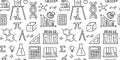 Education doodle seamless pattern. Science line hand drawn elements - mathematics formula, chemistry molecule, dna