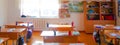 Education, elementary school, teaching elementary school class with desks and blackboard. concept time to school, September 1