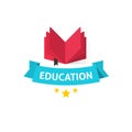 Education emblem vector illustration, open book with education text on blue ribbon Royalty Free Stock Photo