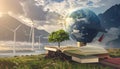 Education Enlightenment and Sustainable Future The Earth Globe as a Lightbulb Wearing a Graduation Cap Stands on a Stack of Royalty Free Stock Photo