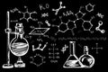 Education, exact sciences and development concept with chalk handwritten chemical formulas and flasks on blackboard background. 3D Royalty Free Stock Photo