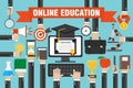 Flat design concepts online education, e-learning with computer