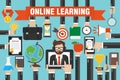 Flat design concepts online learning with smartphone and online teacher in laptop