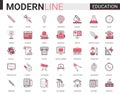 Education flat thin red black line icon vector illustration set with outline infographic school, laboratory or Royalty Free Stock Photo