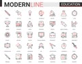 Education flat thin red black line icon vector illustration set with outline infographic school, laboratory or Royalty Free Stock Photo