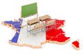 Education in France, concept. School desks and blackboard on France map. 3D rendering