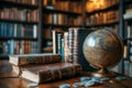 Education Funding: Government spending on education and access to resources.A table in a library is adorned with a globe and Royalty Free Stock Photo