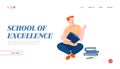 Education and Gaining Knowledge Website Landing Page. Young Man Student Sitting with Books Learning Homework