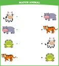 Education game for children connect the same picture of cute cartoon wild animal cow hippopotamus frog tiger