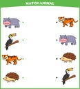 Education game for children connect the same picture of cute cartoon wild animal hippopotamus toucan tiger hedgehog