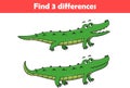 Education game for children find three differences between two crocodiles animal cartoon. Vector illustration