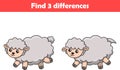 Education game for children find three differences between two sheeps animal cartoon. Vector illustration