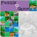 Education game: Puzzle. Little cute viper on the stone