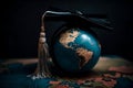 Education in Global, Graduation cap on top model Earth